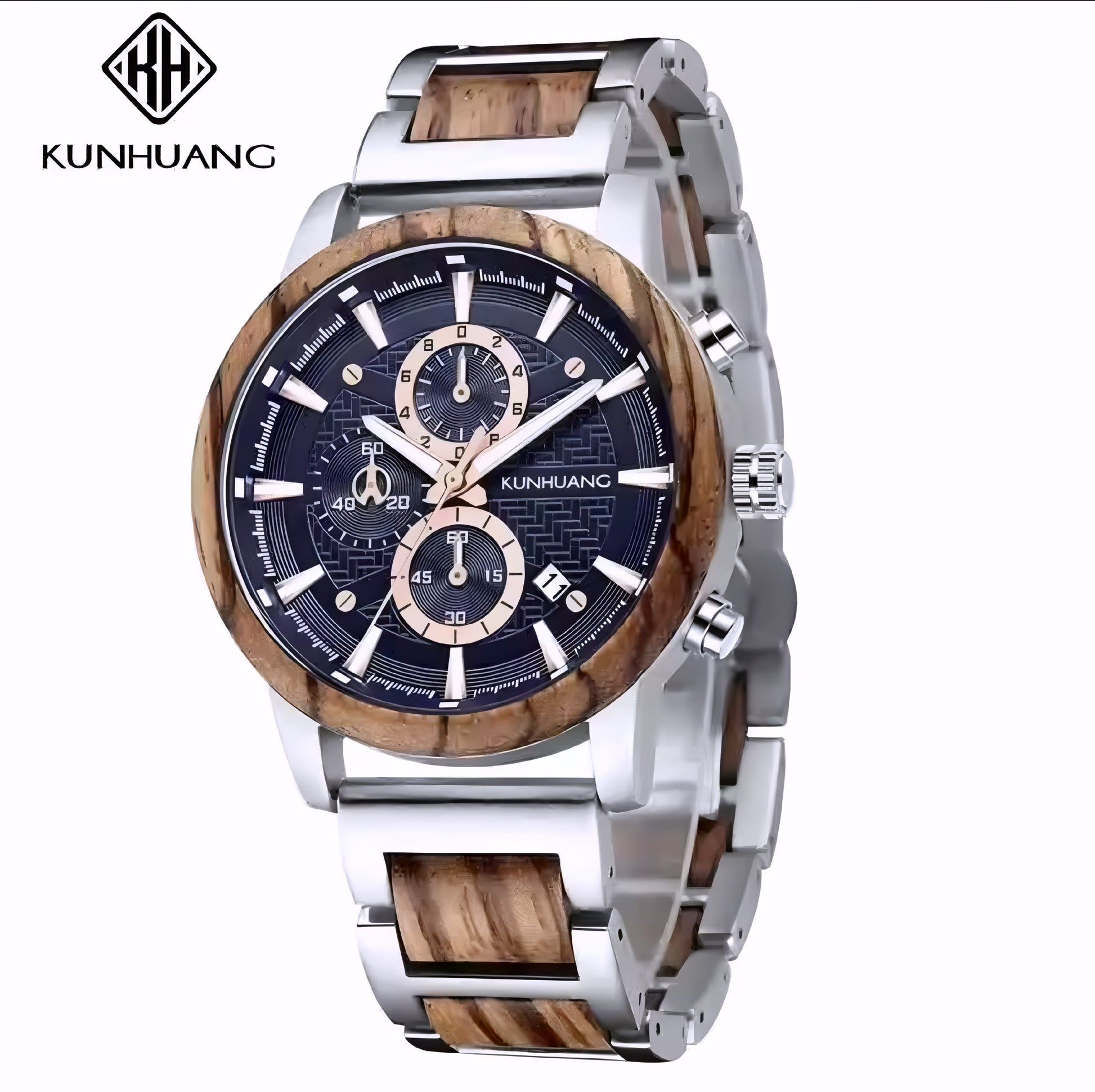 Wooden and silver watch with blue face on a white background, featuring the Kunhuang brand.